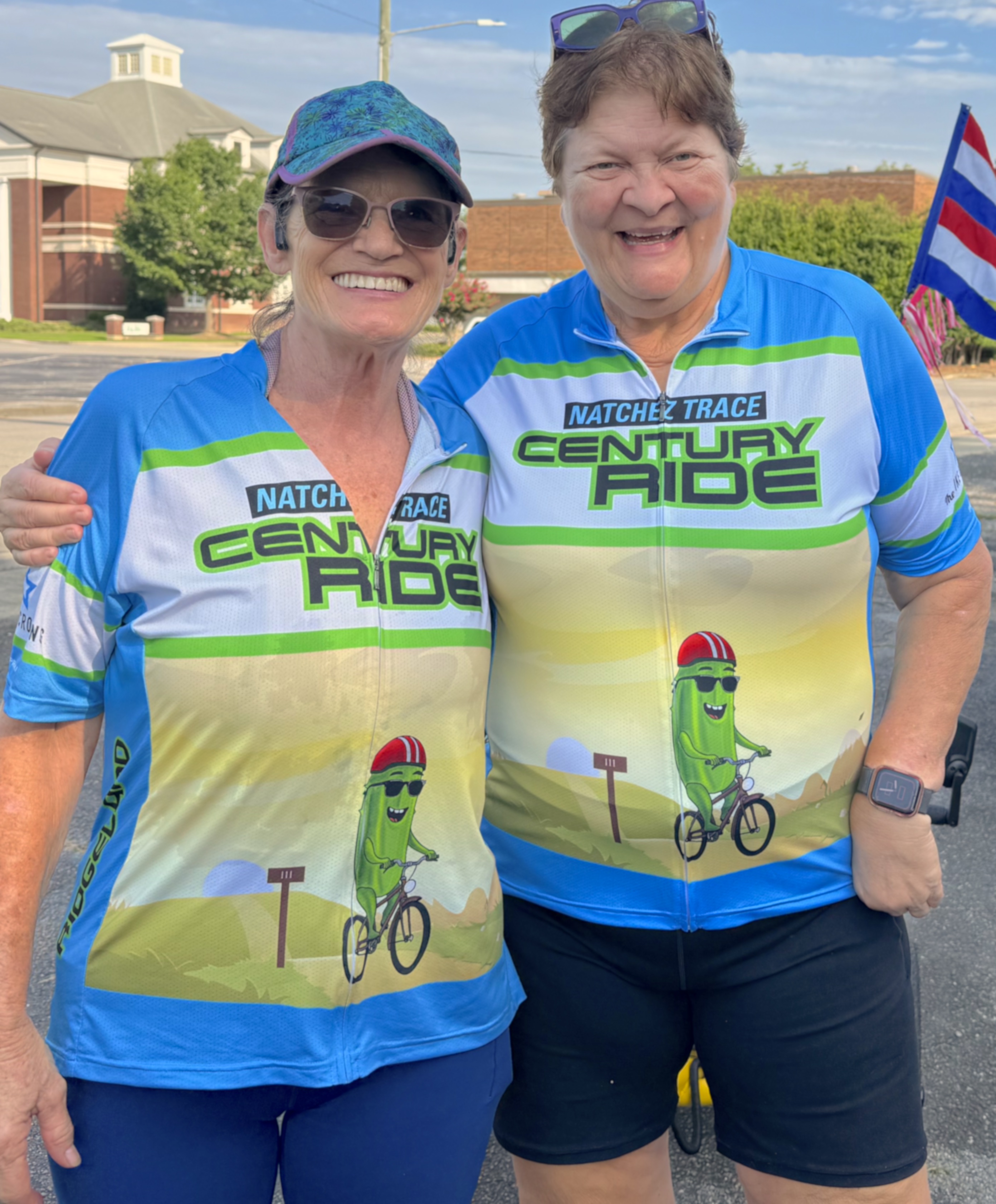 Joy and Kelly matching Century Ride pickle shirts... they said they relished the ride!